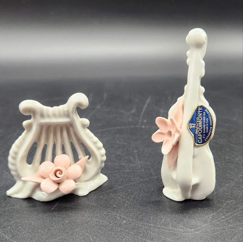 Vintage Nuova Capodimonte White/ Pink Porcelain Lyre & Violin Pink Flowers Italy